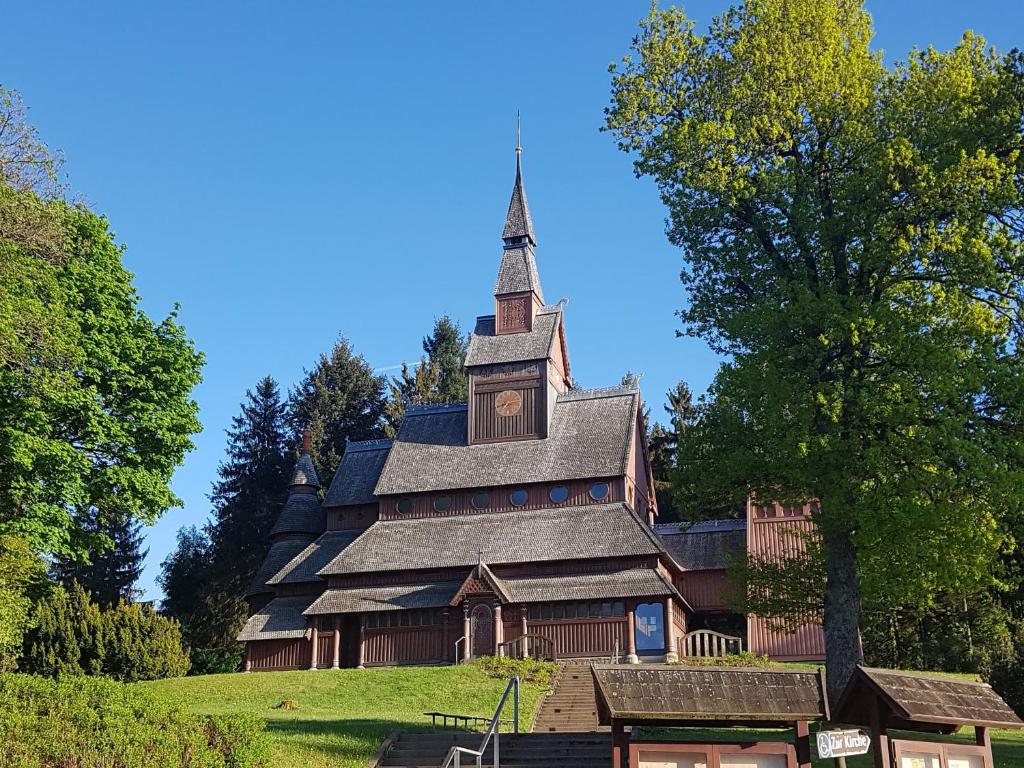 ハーネンクレー・ボックスヴィーゼにあるFewo Reinsch Goslar-Hahnenkleeの田の上に尖塔を持つ教会
