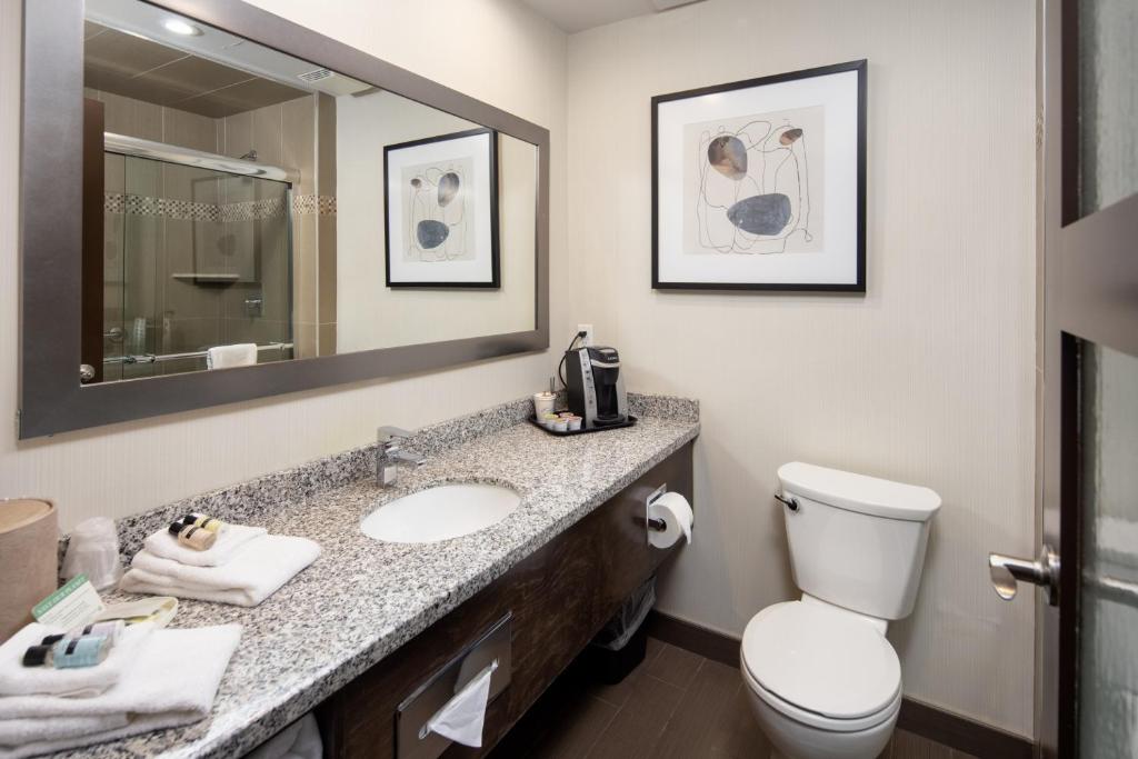 a bathroom with a sink and a toilet and a mirror at Stonecroft Inn in Windsor