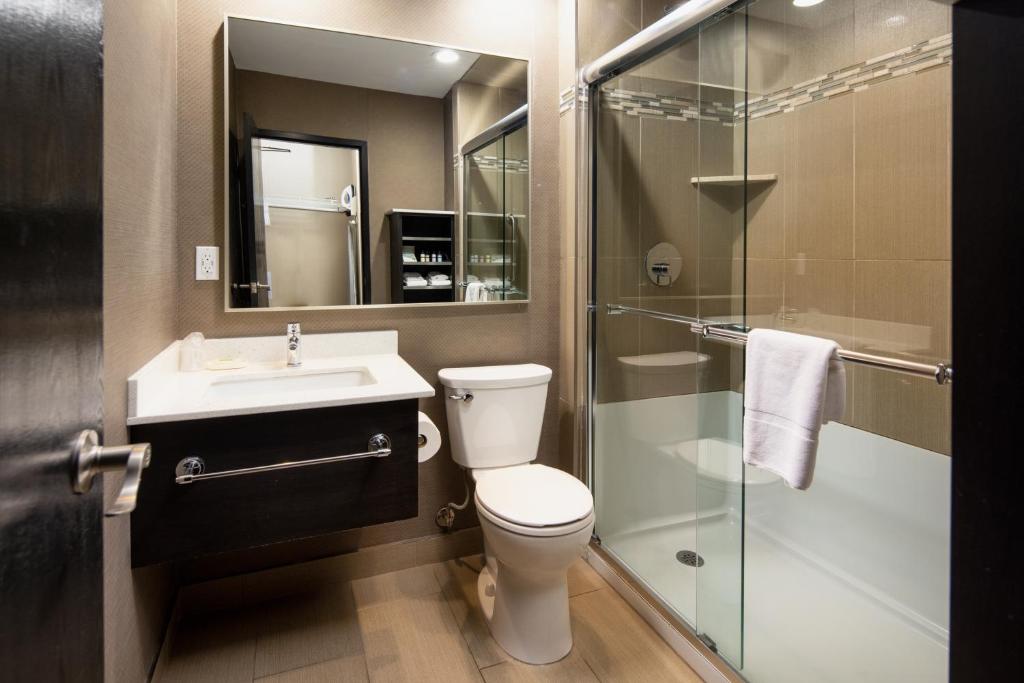a bathroom with a toilet and a sink and a shower at Stonecroft Inn in Windsor