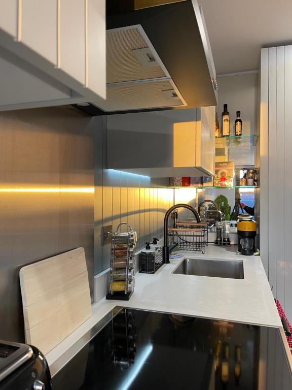 uma cozinha com um lavatório e uma bancada em Stylish Brentford Riverside Penthouse em Brentford