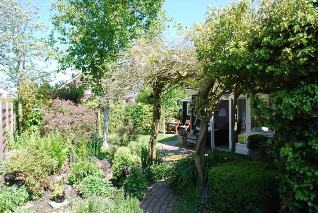 een tuin met bomen en struiken en een huis bij De ZeeuwSter in Burgh Haamstede