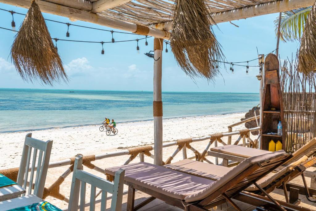 una playa con 2 sillas y una sombrilla y el océano en Pili Pili Sunrise en Jambiani