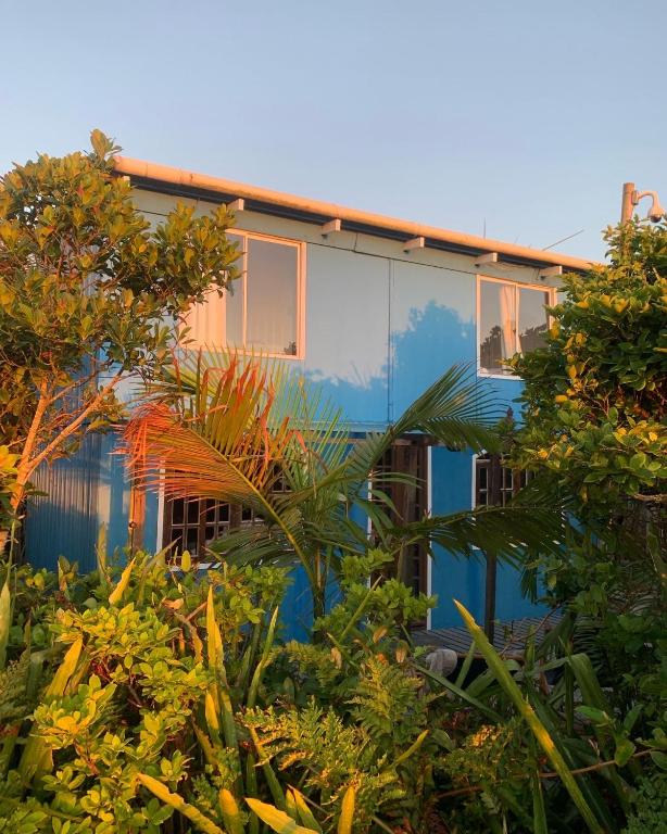 a blue house with windows and plants at Bela Vista - Casa Beira Mar in Paranaguá