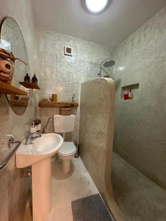 uma casa de banho com um lavatório, um WC e um chuveiro em Boutique Apartments Ibiscus em Santa Maria