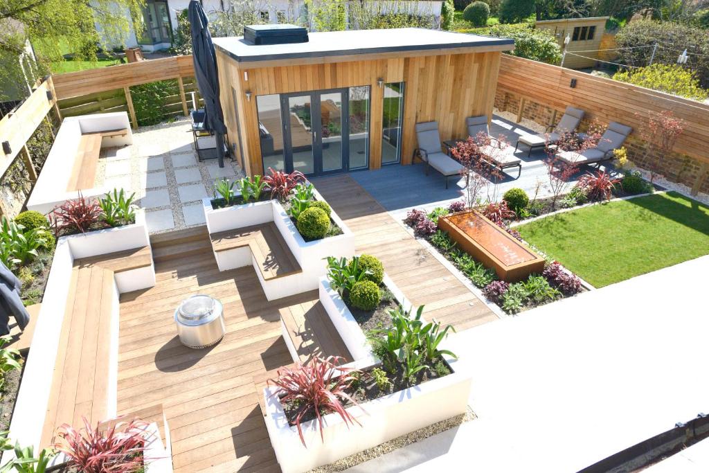 an aerial view of a garden with a house at 5 star luxury villa with Garden SPA in St Andrews