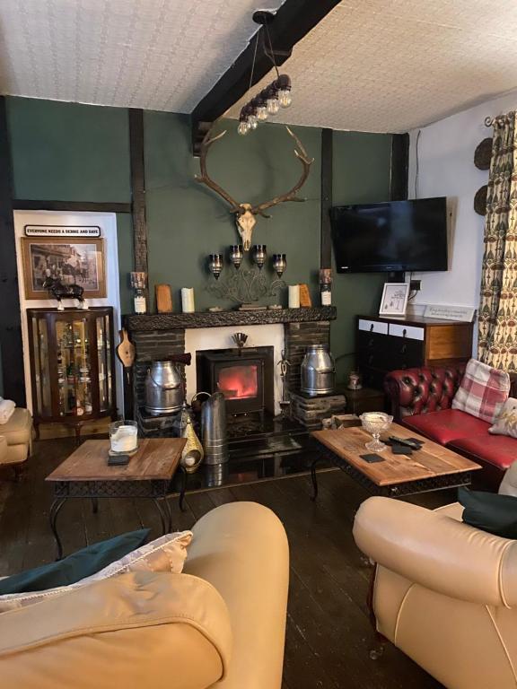 a living room with a couch and a fireplace at Craighlaw Arms Boutique B&B in Kirkcowan