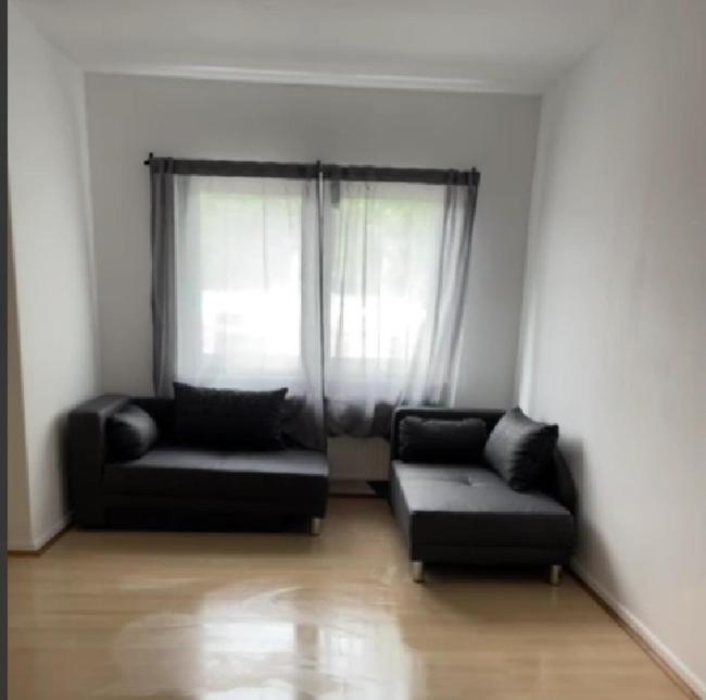 una sala de estar con 2 sofás y una ventana en Duplex City Flat Dortmund, en Dortmund