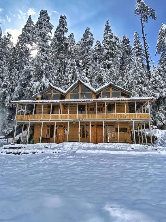 a log home in the snow with snow covered trees at RAFA Shangarh in Shangarh