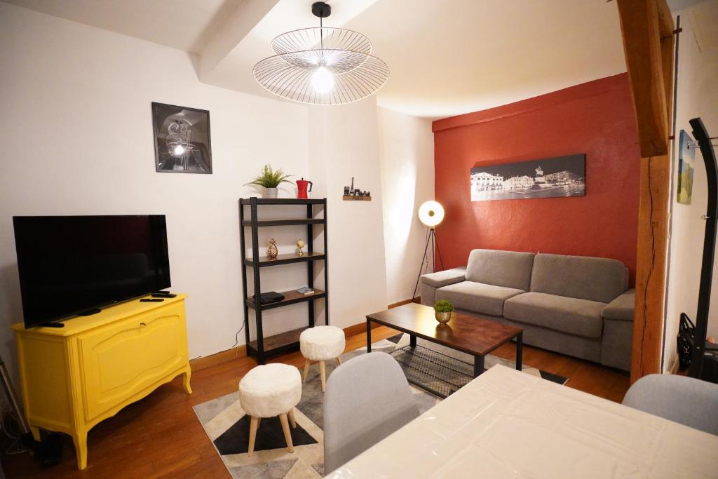 een woonkamer met een bank en een televisie bij T3 Appart Cosy avec Terrasse proche Loire in Orléans