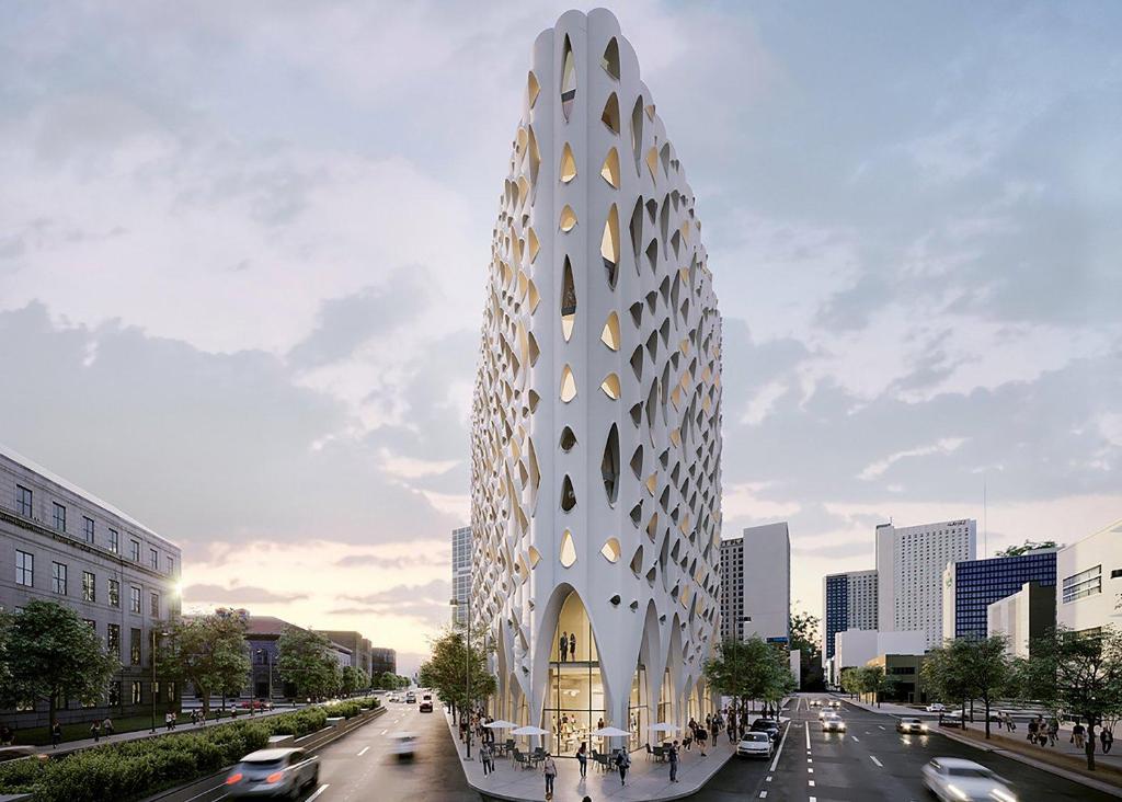 a rendering of a tall building in a city at Populus in Denver