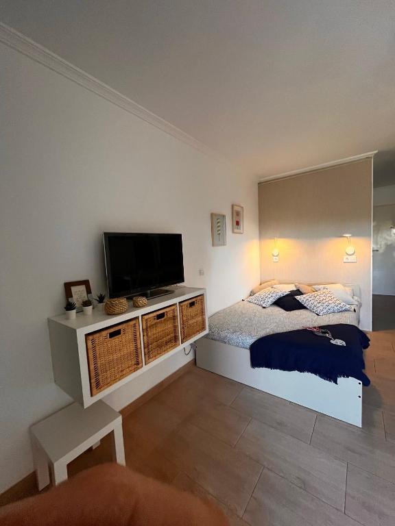 a bedroom with a bed and a flat screen tv at Aparthotel Minerva in Benalmádena