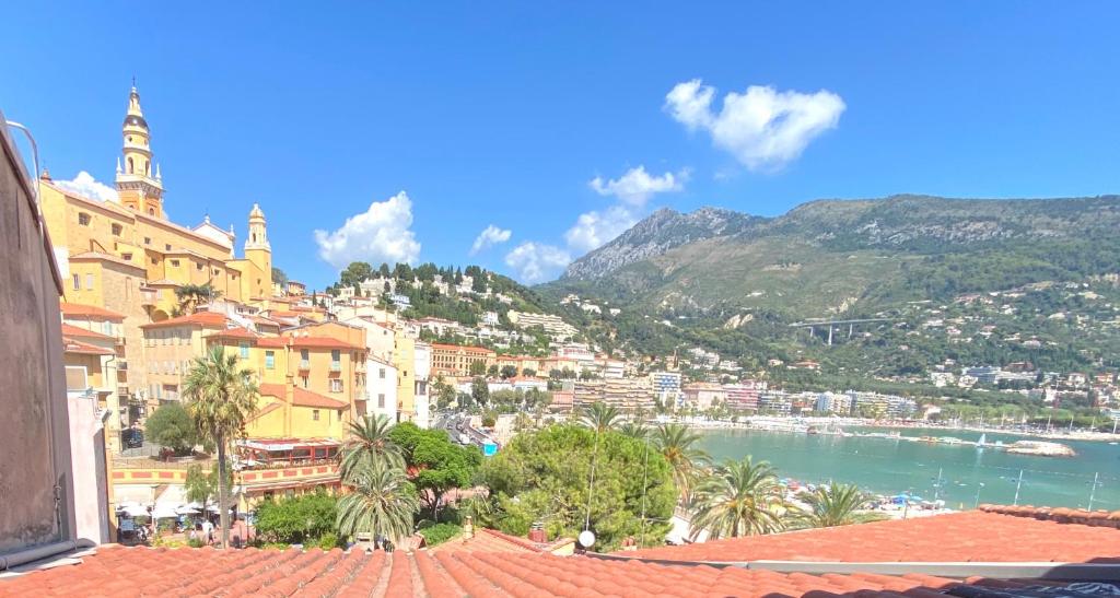 a view of a town with a river and mountains at Menton Ciapetta in Menton