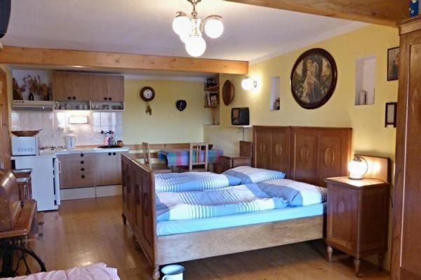 1 dormitorio con 1 cama grande y cocina en Hospoda na statku, en Kadov