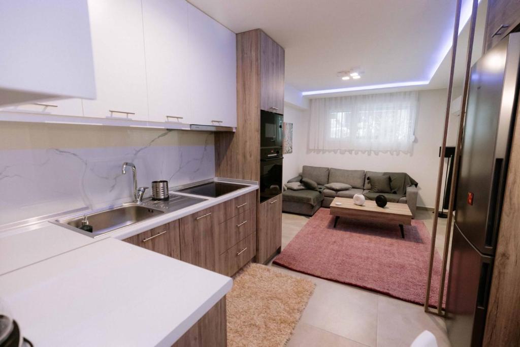 Suzana's Urban apartment في سلانيك: مطبخ مع حوض واريكة في الغرفة