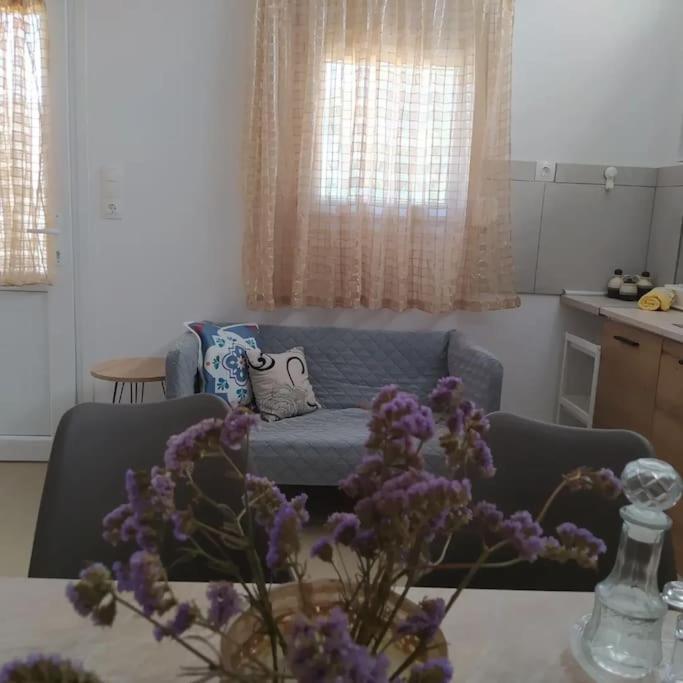 a living room with a couch and a table with purple flowers at Creta Irini's Rooms2 in Tympáki
