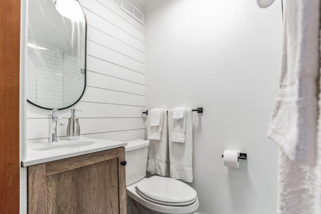 ein Badezimmer mit einem WC, einem Waschbecken und einem Spiegel in der Unterkunft Overlook Brandywine Valley 