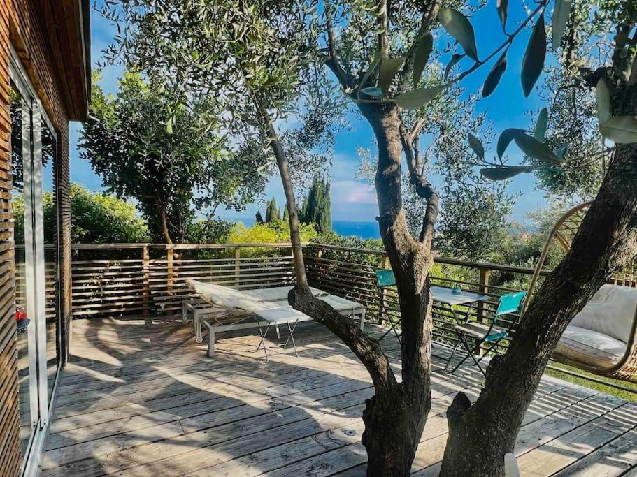 un patio avec un banc et un arbre dans l'établissement Vue Mer Cabane chic dans l'Olivier, Piscine, à Nice