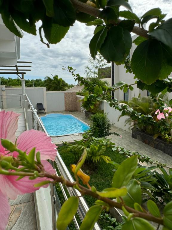 a garden with a swimming pool in a house at 2 bedroom multi-family home in Flic-en-Flac