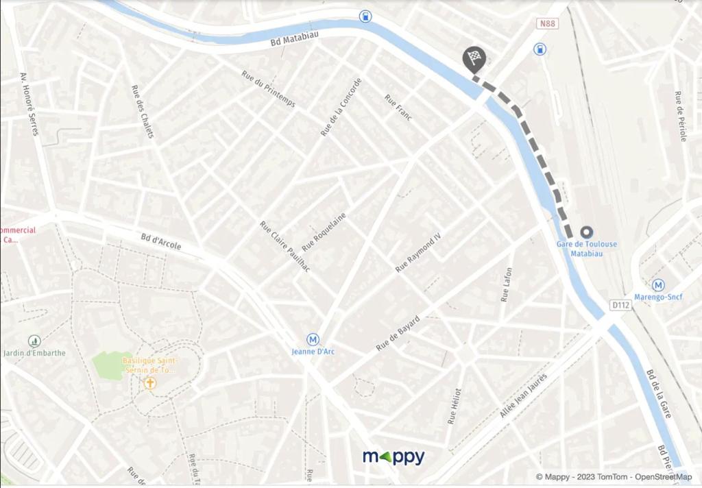 a map of a city with a blue at Chambre & table d'hôte à 5 min de la gare Matabiau in Toulouse