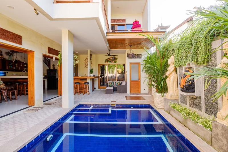 a house with a swimming pool in a yard at Villa Manis in Legian
