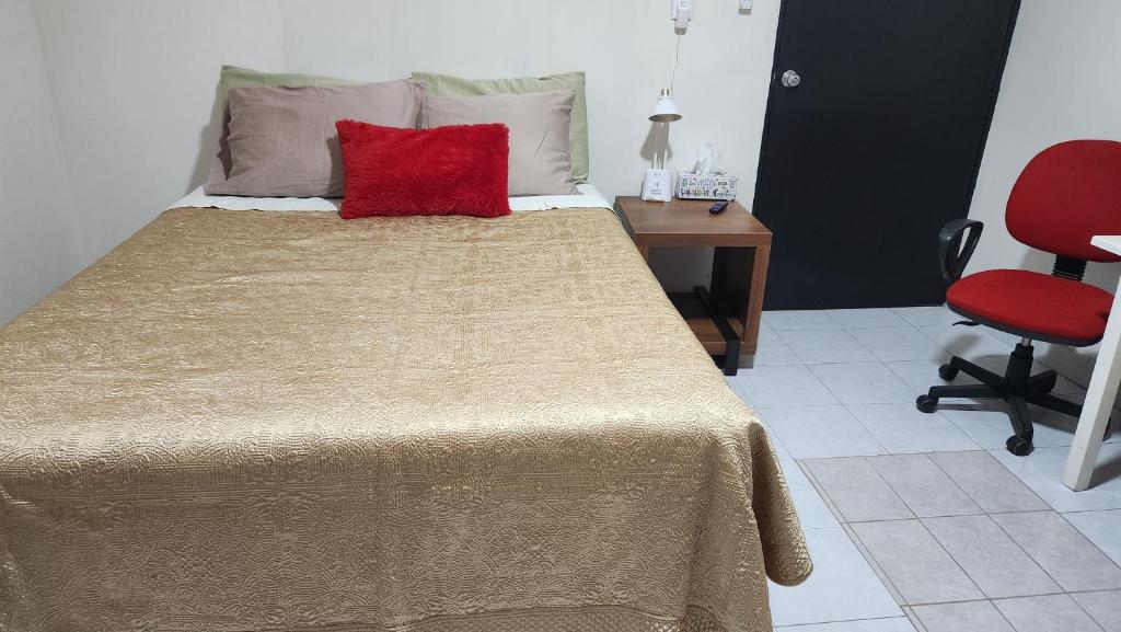 a bedroom with a bed with a red pillow and a desk at Alojamiento Sol in Tecomán