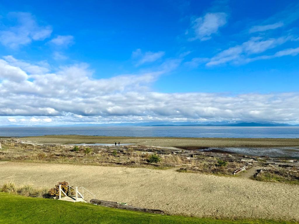 a view of the ocean from the top of a hill at Beachfront Walkout Condo in Qualicum Beach