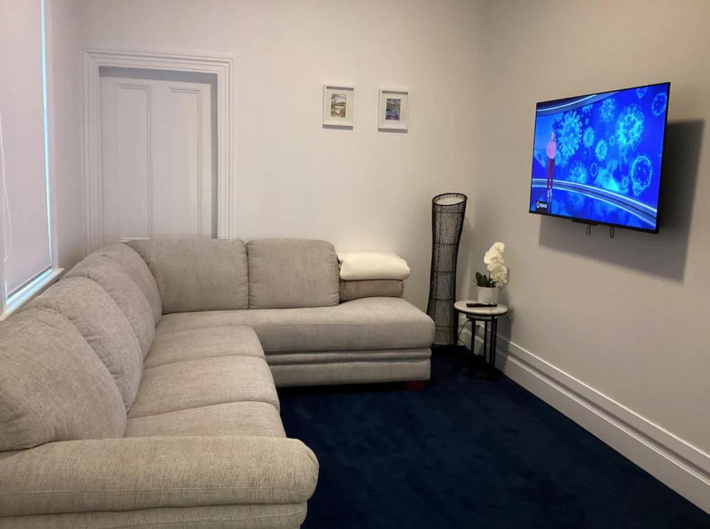 uma sala de estar com um sofá e uma televisão em Wharf Road Cottage em Coromandel Town