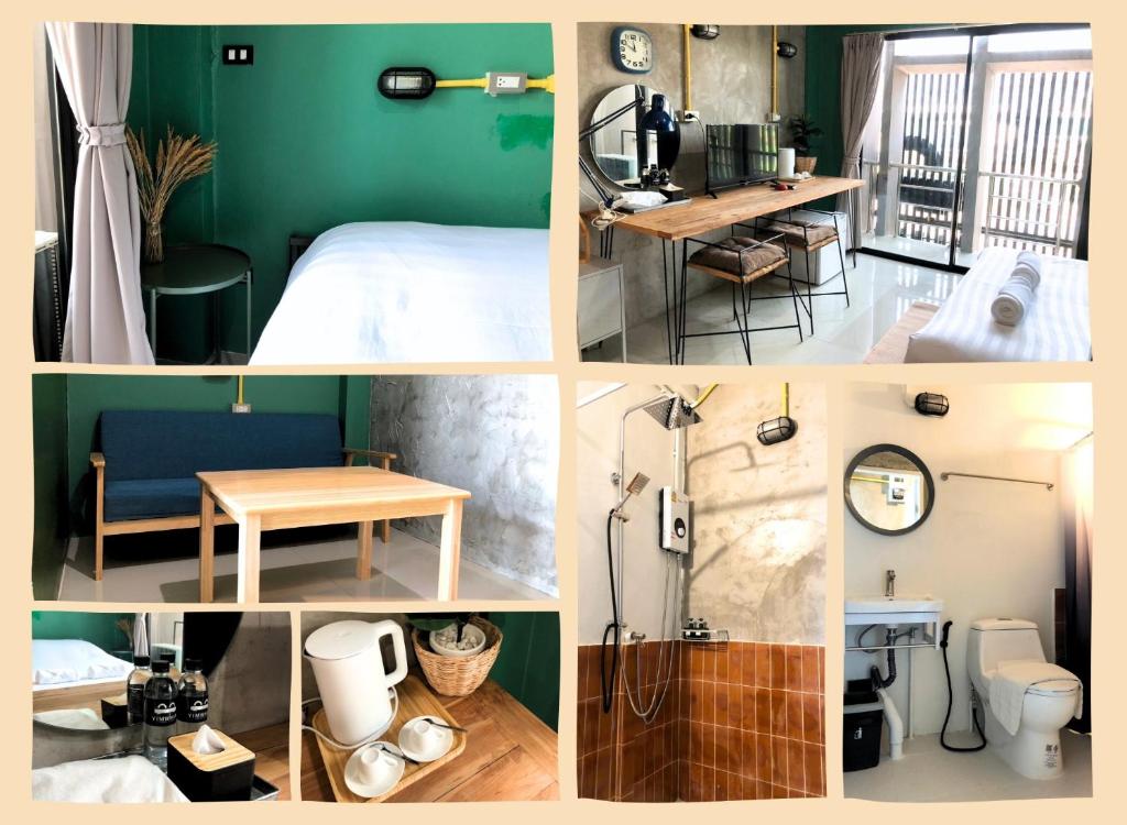 un collage de fotos de un dormitorio y un baño en Yimwhan Hostel & Cafe Ayutthaya, en Phra Nakhon Si Ayutthaya