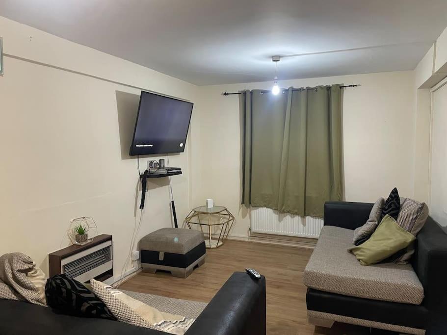 een woonkamer met een bank en een flatscreen-tv bij Cosy 1 bedroom flat… in Londen