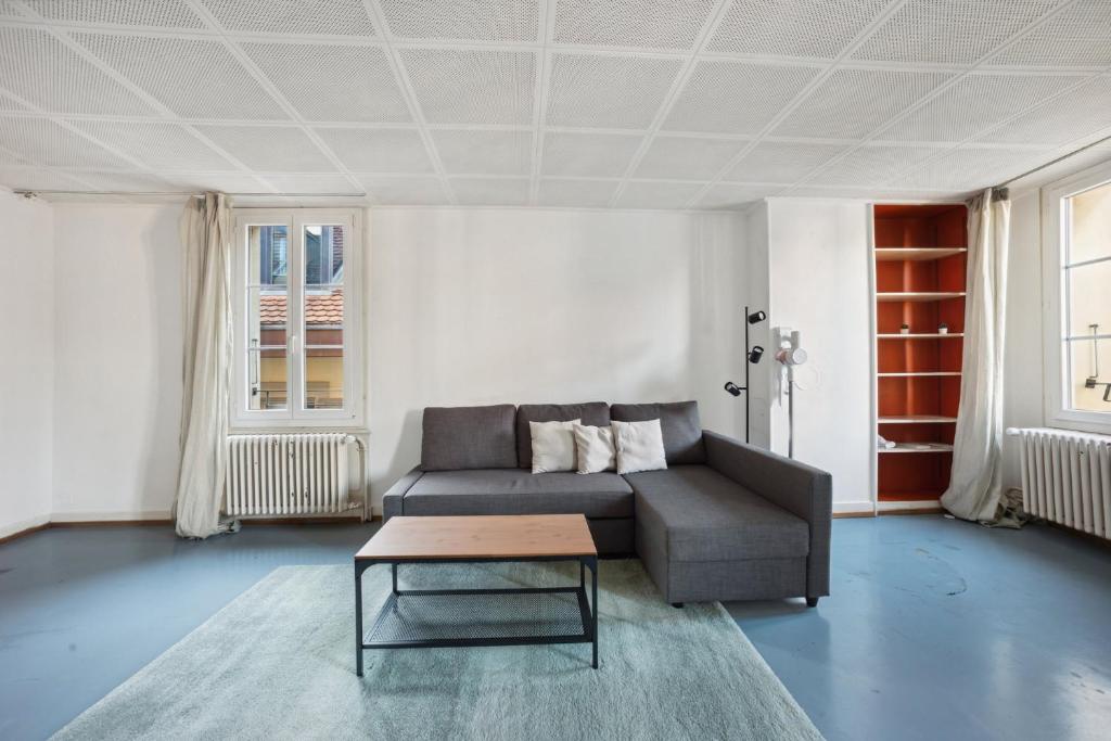 ein Wohnzimmer mit einem Sofa und einem Couchtisch in der Unterkunft Central Apartment in Laussane in Lausanne