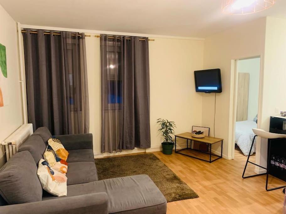 ein Wohnzimmer mit einem Sofa und einem TV in der Unterkunft Appartement calme et chaleureux proche de Paris in Courbevoie