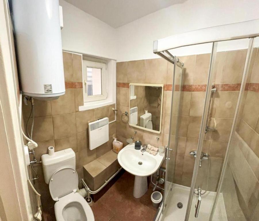 a bathroom with a toilet and a sink and a shower at Welcoming Central Studio with self check in in Bucharest