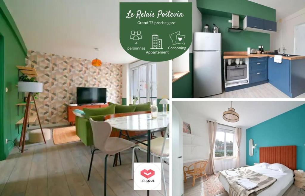 een keuken en een woonkamer met groene muren bij Le Relais Poitevin - Grand T3 proche gare in Poitiers