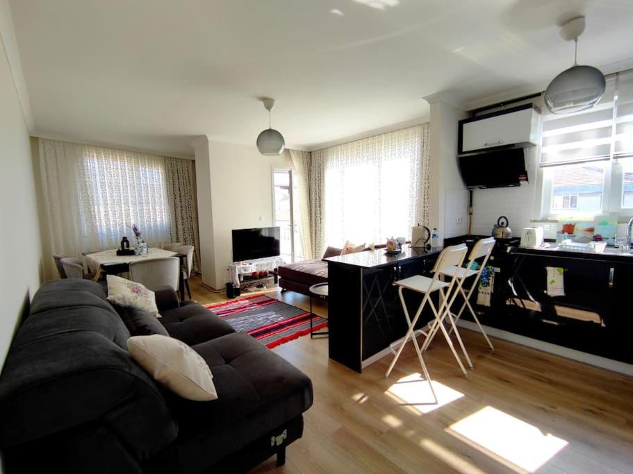 - un salon avec un canapé et un bureau dans l'établissement Lovely apartment in Küçükyalı, à Istanbul