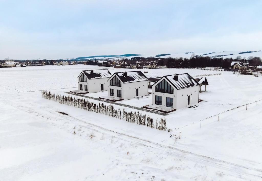 un groupe de maisons dans la neige dans l'établissement Noclegi Beskidzkie Stodoły, à Odrzechowa