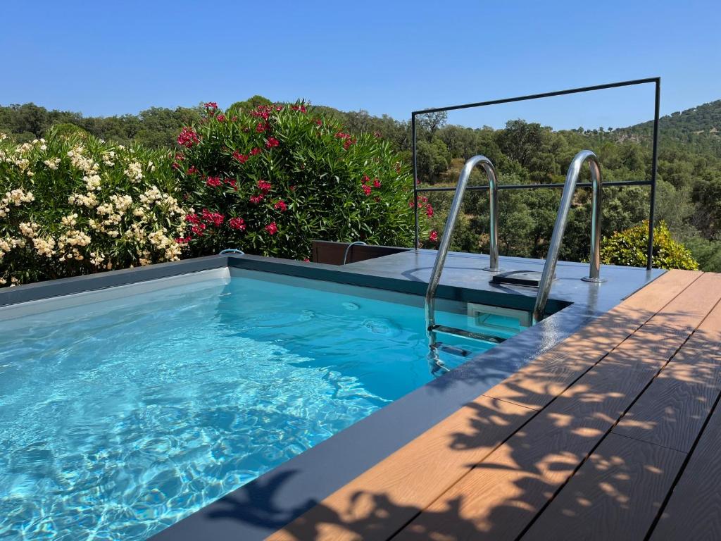 - une piscine avec une terrasse en bois et des fleurs dans l'établissement VILLA MARILOU climatisée pour 6 personnes avec piscine sur le Domaine de Valcros à la Londes-Les-Maures, à La Londe-les-Maures