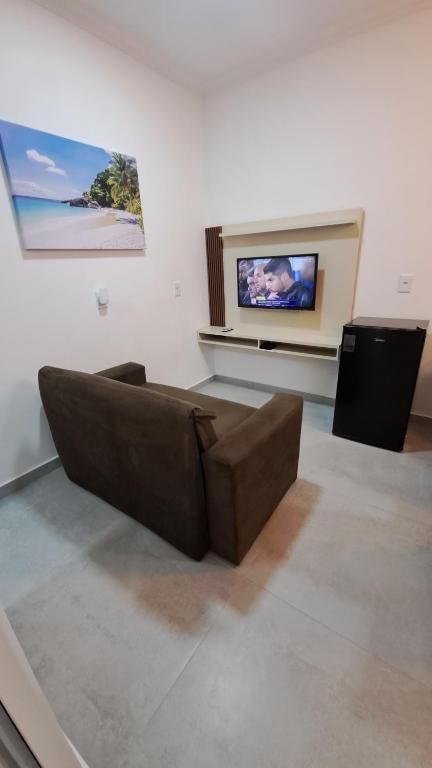 een woonkamer met een bruine bank en een tv bij Flats Praia Dourada in Maragogi