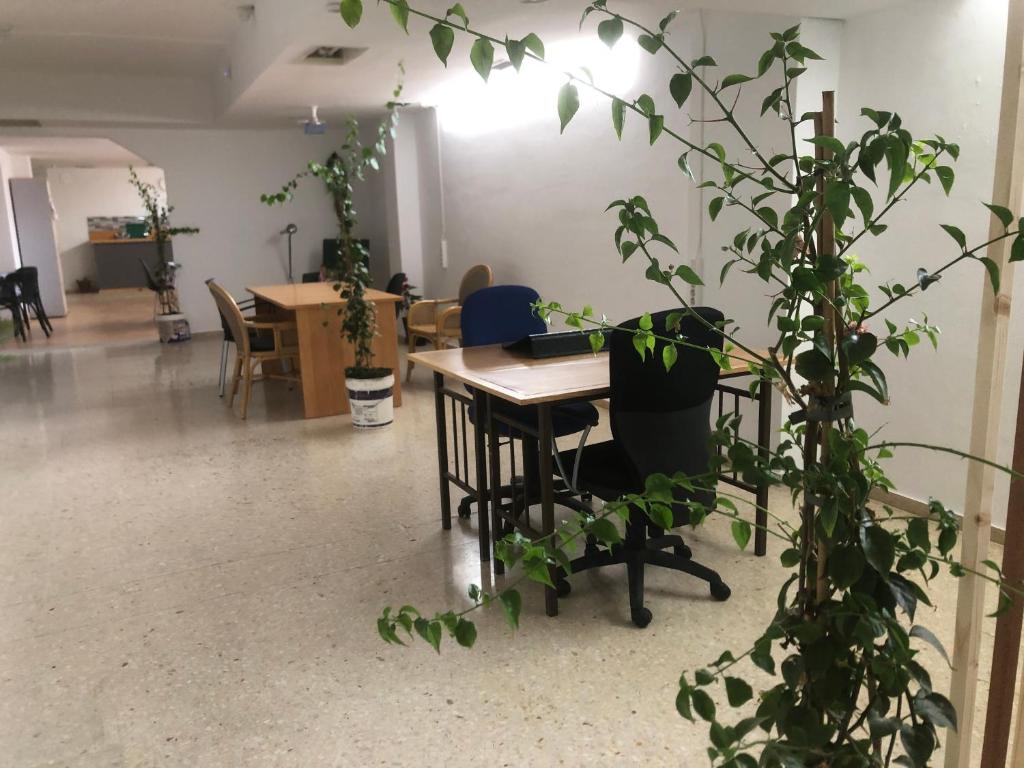 a room with a table and chairs with plants at Urban Hostel and Coworking in Arrecife