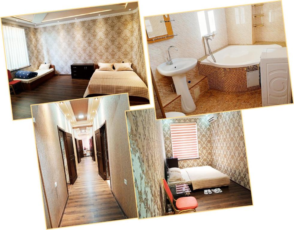 a collage of four pictures of a hotel room at Temur Hotel in Dushanbe