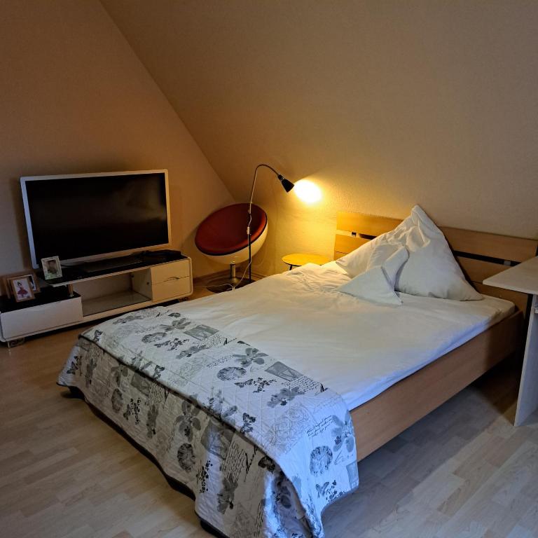a bedroom with a bed and a flat screen tv at Messe Zimmer Hannover in Hannover