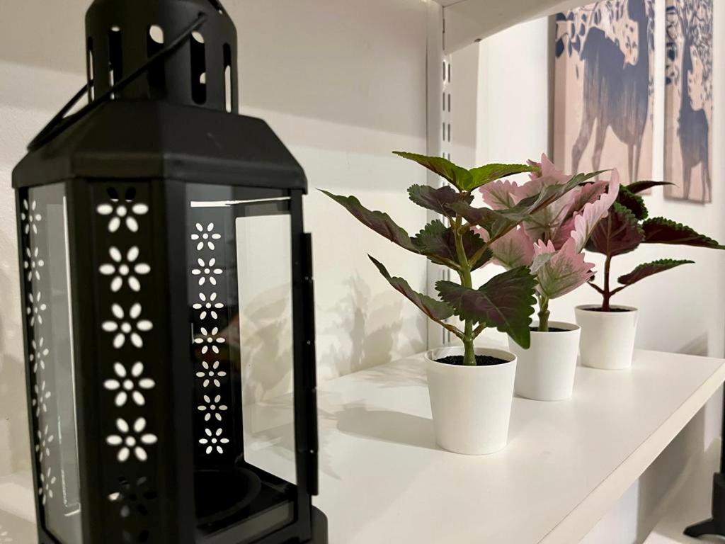 a black lantern sitting on a white table with potted plants at Modern Apartment In Lovely Part Of The City in Gothenburg