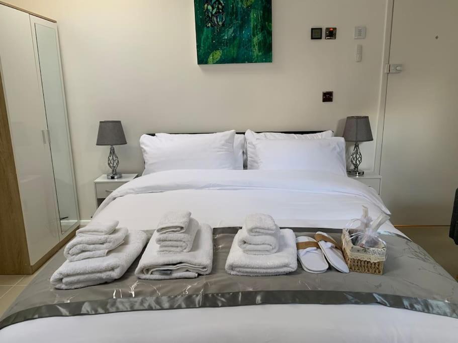 Carshalton的住宿－Annex D. One Bedroom flat in south London，一间卧室配有带毛巾和鞋子的床