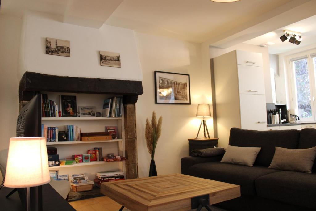 a living room with a couch and a book shelf at Au Pied du Viaduc in Morlaix
