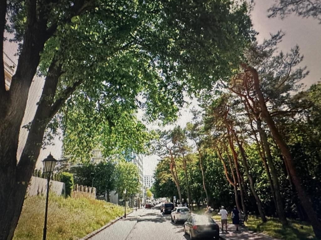 une rue bordée d'arbres avec des voitures garées sur le côté de la route dans l'établissement MY WAY HOLIDAY, à Międzyzdroje