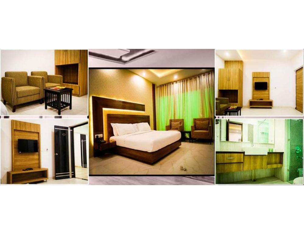 a collage of four pictures of a hotel room at Hotel Sobti Plaza, Ambala, Haryana in Ambāla