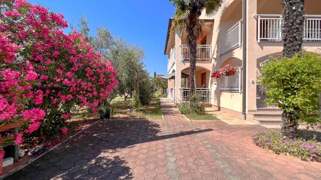 einen Gehweg vor einem Haus mit rosa Blumen in der Unterkunft Viola Two in Novigrad Istria