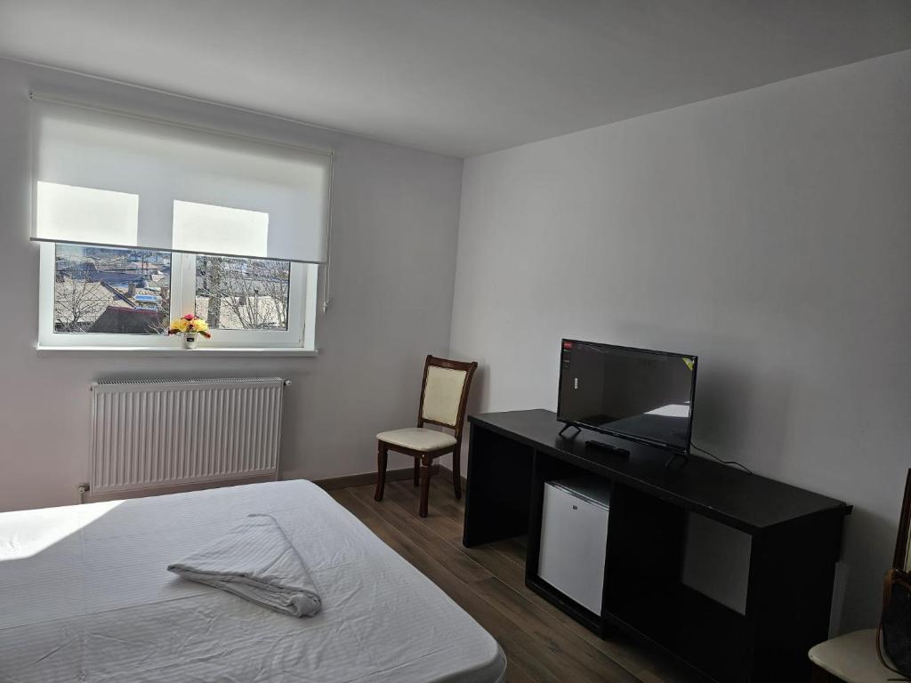 a bedroom with a bed and a desk with a television at Zack Apartments in Murfatlar