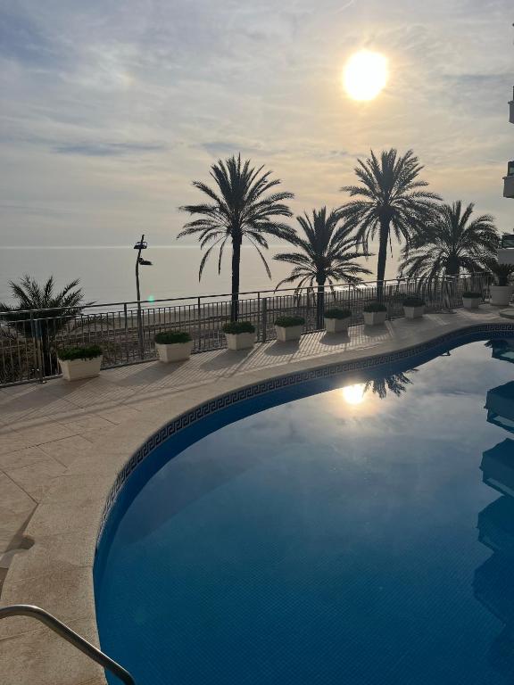 a swimming pool with palm trees in the background at Beachfront 3-bedroom apartment in Calafell