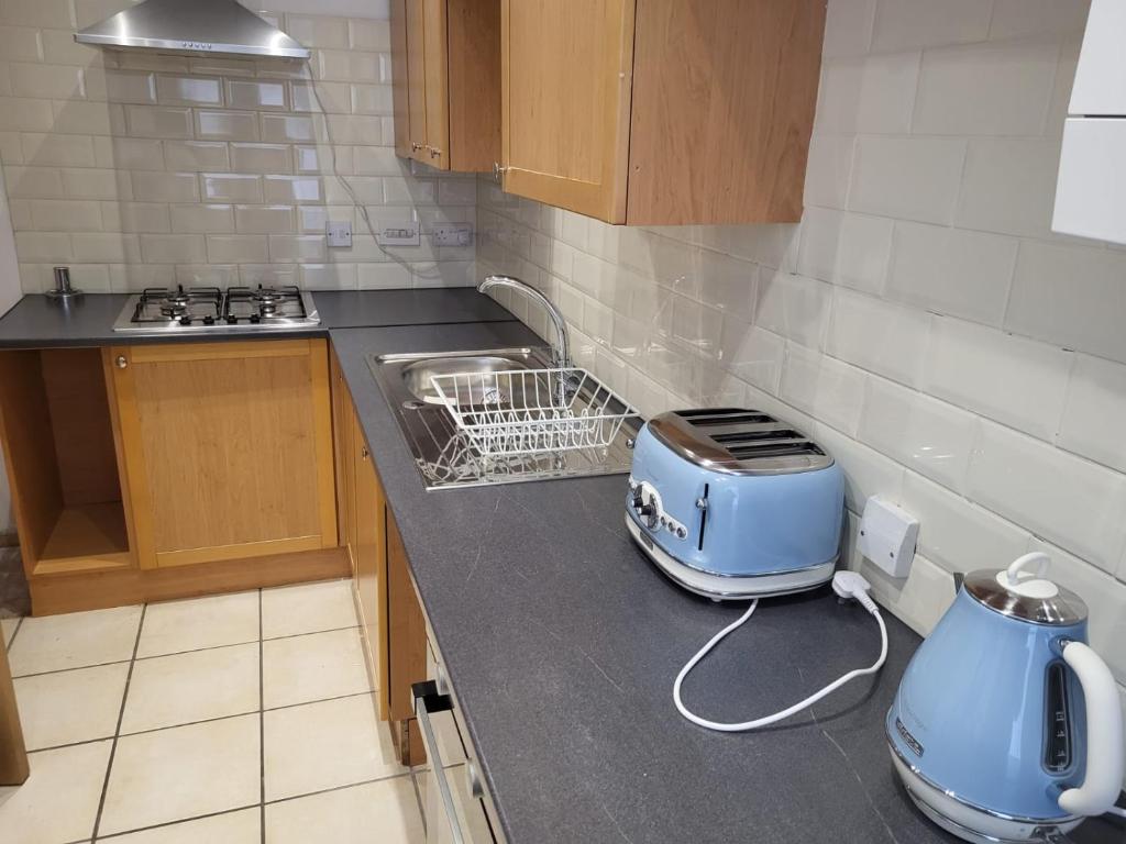 a kitchen counter with a toaster and a sink at Larchmont House in Leicester