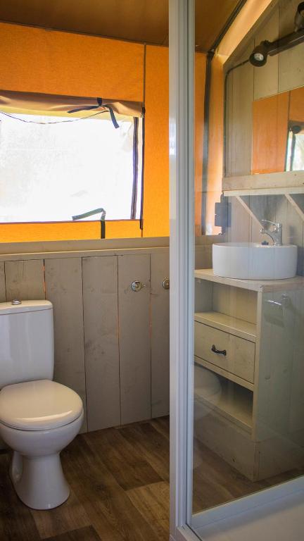 a bathroom with a toilet and a sink at Glamping Bretagne in Quimper